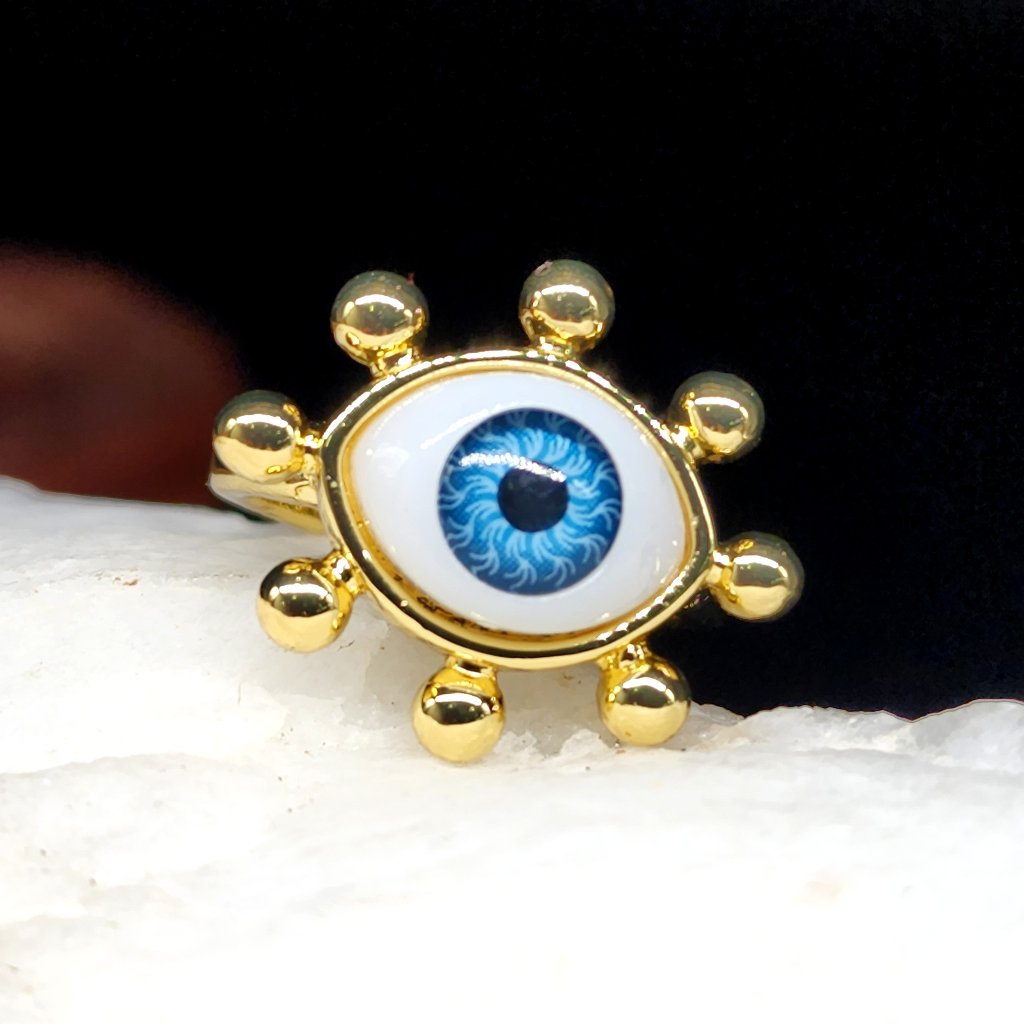14 Kt Gold Plated Ring Sun Blue Eye Protective Spell Jewelry